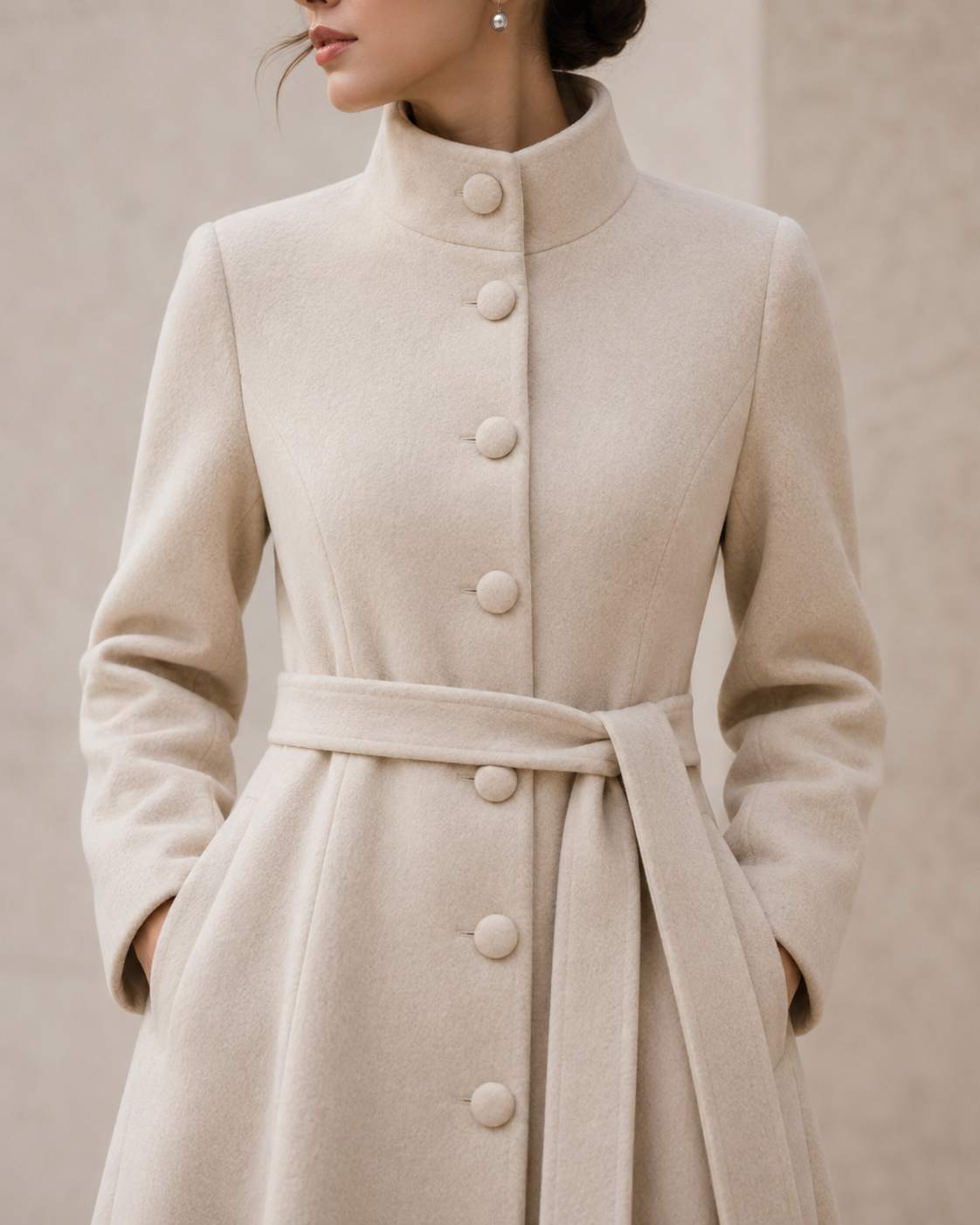 velvet buttons, Velvet buttons are installed along the front closure of a beige belted coat with a high collar.